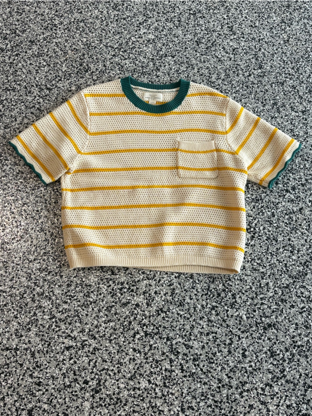 Cream and Yellow Striped Knit Top with Green Trim